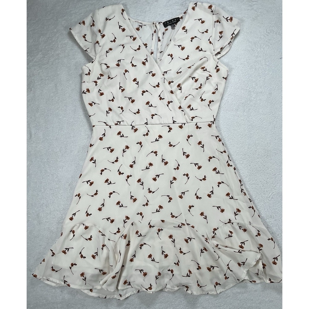 Trixxi Floral Mini Dress Large White Brown Wrap Style Ruffle Hem Cottagecore